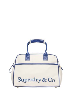 Biała i niebieska prostokątna torebka z podwójnymi uchwytami i "Superdry & Co" nadrukowanym na niebiesko z przodu.