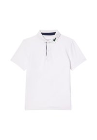 Valkoinen polo-paita, jossa on ribbitetty kaulus, jossa on laivastonsinisiä yksityiskohtia ja vihreä brodeerattu logo vasemmalla puolella. Lyhyet hihat, puuvillamateriaali.