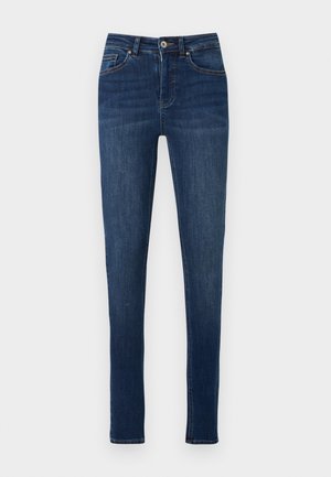 Dark blue denim skinny jeans with a high waist, five pockets, and subtle whiskering near the hips. Classic stitching and a metal button.