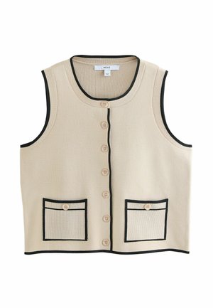 Beige mouwloos vest met een ronde halslijn, zwarte afwerking, zeven knopen aan de voorkant en twee opgestikte zakken met zwarte rand.