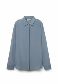 Blusa azzurra a maniche lunghe realizzata in tessuto morbido, dotata di colletto a punta, chiusura con bottoni e polsini senza motivi o decorazioni.