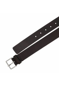 Cintura in pelle marrone con una texture liscia, dotata di una fibbia in metallo argentato e diversi fori di regolazione per la misura. Design pulito e minimalista.