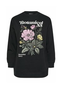 Svart sweatshirt med ett blommönster som har rosa och gula blommor. Texten lyder "Botanical 55" och "Beautiful Story" i vitt. Avslappnad passform.
