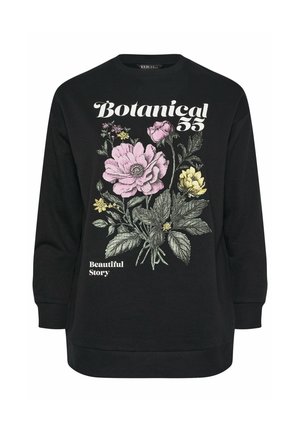 Schwarzer Sweatshirt mit floralem Grafikdesign in Pink und Gelb. Der Text lautet "Botanical 55" und "Beautiful Story" in Weiß. Legere Passform.
