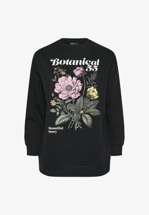 Sort sweatshirt med et blomsterdesign, der viser pink og gule blomster. Teksten lyder "Botanical 55" og "Beautiful Story" i hvid. Løs pasform.