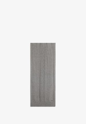 Sciarpa grigia lavorata a maglia con un motivo a treccia centrale e bordi a coste. Texture morbida con forma rettangolare, adatta per l'uso in clima freddo.