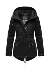 Black parka jacket with a hood, featuring a fuzzy interior, drawstrings at the waist and hem, and buttoned front pockets.