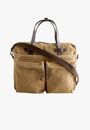 Sac messager en toile beige avec deux poches avant zippées, sangle d'épaule marron réglable et double poignée supérieure.