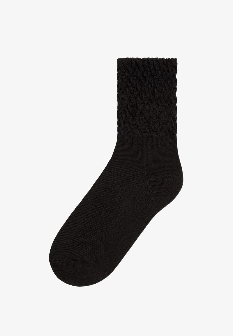 Calzino nero con un design a treccia texture sul polsino, realizzato in materiale morbido, caratterizzato da un corpo liscio e una punta arrotondata.