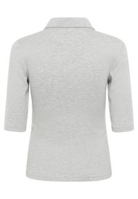 Chemise gris clair à manches courtes avec un tissu texturé et un col rabattable, vue de dos sur un fond blanc.
