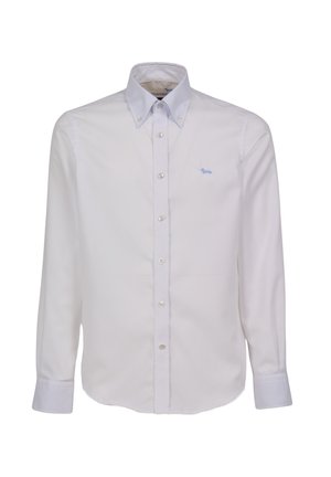 Witte lange mouwen overhemd met een lichtblauwe kraag en een klein blauw logo op de borst. Voorzien van knoopsluiting en manchet mouwen.
