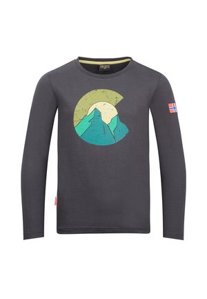 Dark gray long-sleeve shirt with a circular mountain and sun graphic on the front and a small Norwegian flag on the left sleeve.