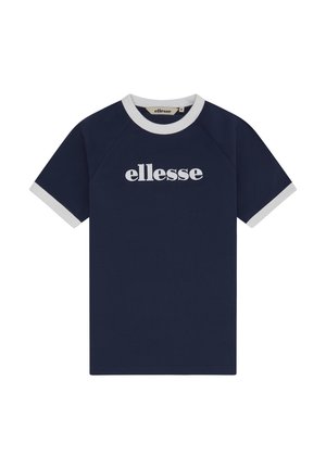 Σκούρο μπλε κοντομάνικο μπλουζάκι με λευκό γιακά και μανσέτες στα μανίκια, με το λογότυπο "ellesse" στο κέντρο του στήθους σε λευκό χρώμα.
