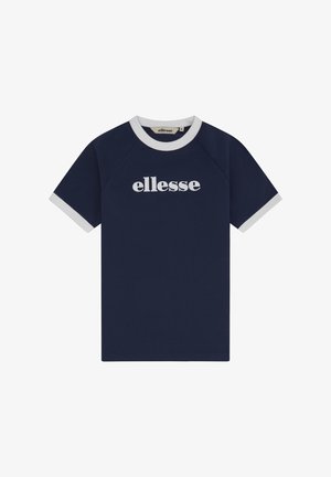 Marineblaues kurzärmliges T-Shirt mit weißem Kragen und Ärmelsäumen, mit dem "ellesse"-Logo in weißer Schrift mittig auf der Brust.