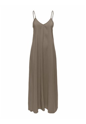 Ujjatlan hosszú ruha taupe színben, vékony fonott vállpántokkal és V-kivágással, sima, folyékony anyagból készült.