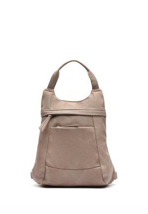 Taupe farvet læderhåndtaske med korte håndtag, lynlåslomme foran og glat tekstureret overflade vist på hvid baggrund.