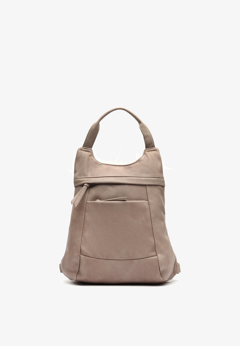 Taupe leather handbag with short handles, front zipper pocket, and smooth textured surface shown on white background.