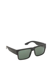 Czarne okulary przeciwsłoneczne z kwadratowymi oprawkami, zielonymi szkiełkami i fakturowanymi czarnymi ramionami. Nazwa marki „diverse” nadrukowana na jednym z ramion.