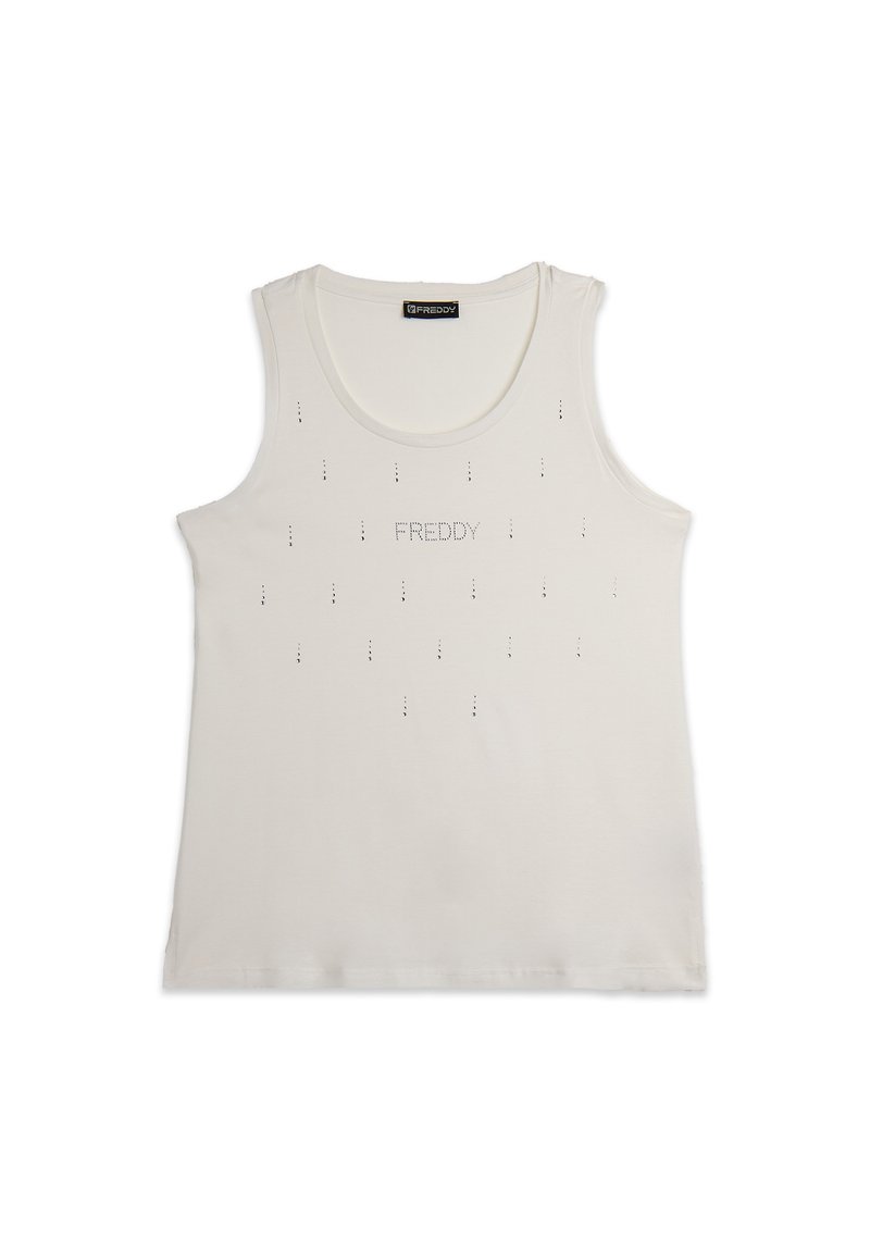 Top senza maniche di colore crema realizzato in morbido cotone, con un sottile motivo a pois e il logo "FREDDY" in cristalli sulla parte frontale.