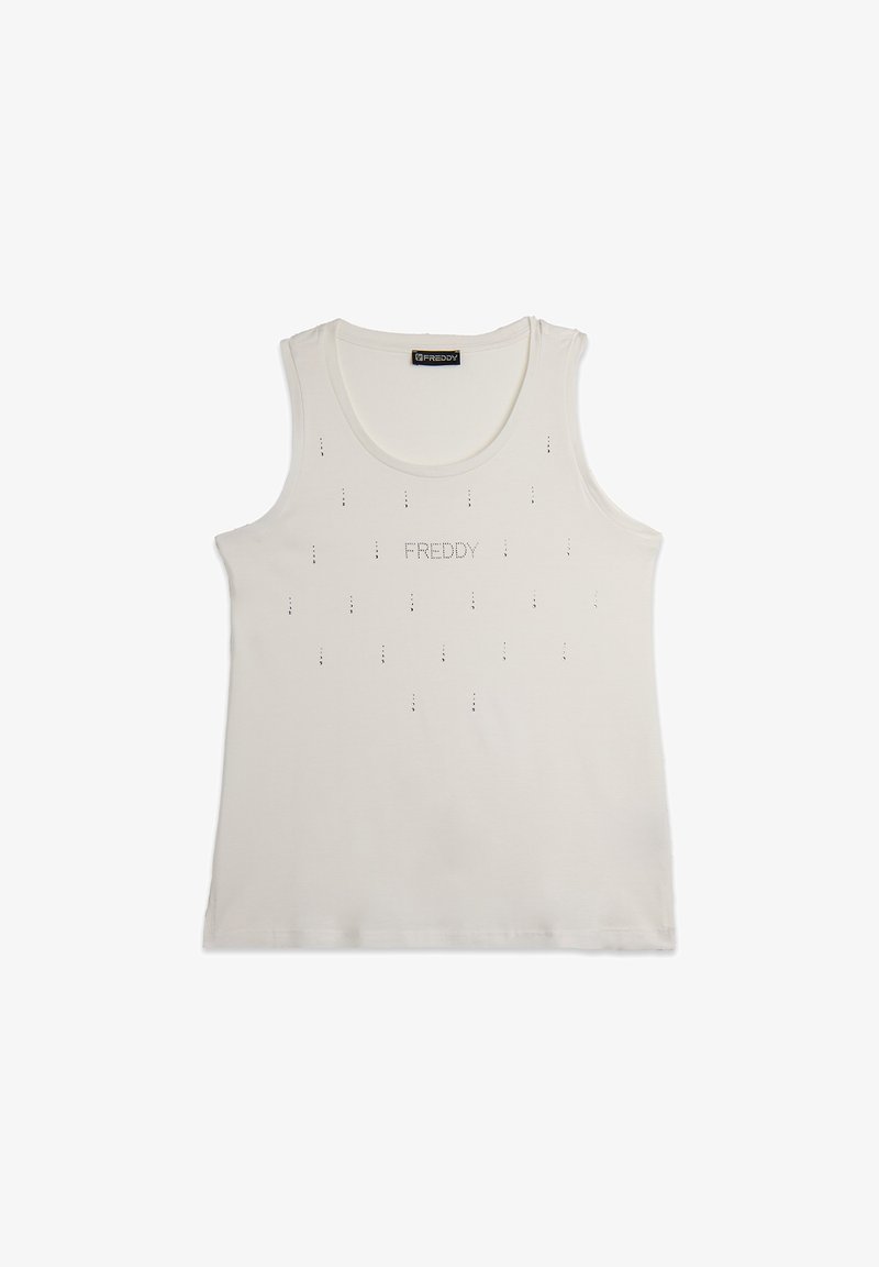 Top senza maniche di colore crema realizzato in morbido cotone, con un sottile motivo a pois e il logo "FREDDY" in cristalli sulla parte frontale.
