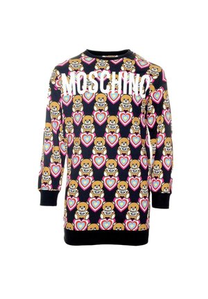 Czarna bluza z długim rękawem pokryta misiówymi misiami trzymającymi tabliczki z napisem „TOY” oraz wielobarwnymi sercami, z dużym białym napisem „MOSCHINO” na piersi.