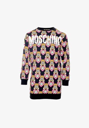 Czarna bluza z długim rękawem pokryta misiówymi misiami trzymającymi tabliczki z napisem „TOY” oraz wielobarwnymi sercami, z dużym białym napisem „MOSCHINO” na piersi.