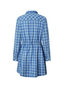 Sinine ja valge ruuduline kleit pikkade varrukatega, nööpidega mansettides, kraega ja elastse vöökohaga, omades mugavat lõiget ja laienevat helka.