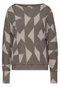 Sweat-shirt à manches longues en vert olive avec un motif géométrique abstrait beige. Fabriqué en tissu doux, doté d'un large encolure et de poignets à côtes.