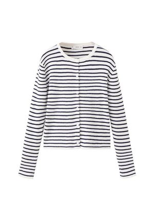 Cardigan en tricot blanc avec de fines rayures horizontales bleu marine, manches longues, encolure ronde et boutons à l'avant.