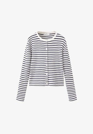 Cardigan en tricot blanc avec de fines rayures horizontales bleu marine, manches longues, encolure ronde et boutons à l'avant.