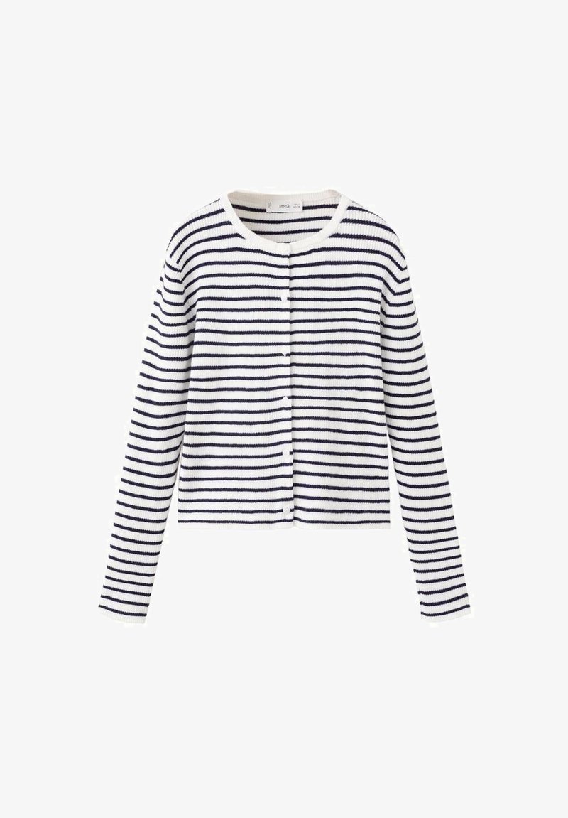 Bílý pletený kardigan s úzkými vodorovnými tmavě modrými pruhy, dlouhými rukávy, kulatým výstřihem a knoflíky vpředu.
