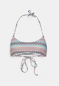 Top de bikini com padrões geométricos multicoloridos, alças ajustáveis e um design com costas atadas. O material parece suave e elástico.