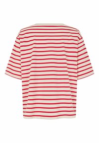Stribede t-shirt med korte ærmer i cremefarve med brede røde vandrette striber. Har en afslappet pasform og rund halsudskæring. Blød stoftekstur.