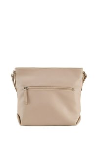 Beige Leder Umhängetasche mit strukturiertem Finish, ausgestattet mit einer vorderen Reißverschlusstasche und verstellbarem Tragegurt. Kompakte rechteckige Form.