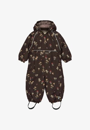 Mushroom-patterned brown snowsuit with a hood, elastic cuffs, and adjustable shoulder straps; features a mid-length zipper and reflective accents.