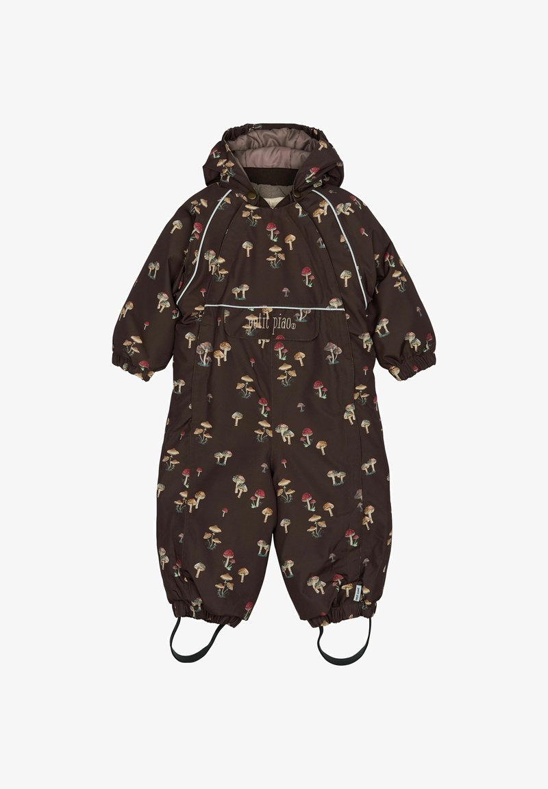 Sēņu raksta brūns sniedzis ar kapuci, elastīgām piedurknēm un regulējamiem plecu siksnām; tam ir vidēja garuma rāvējslēdzis un atstarojoši akcenti.