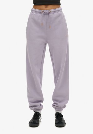 Pantalons de survêtement lilas à coupe décontractée, avec une taille élastique à cordons, des poignets côtelés et des poches latérales.
