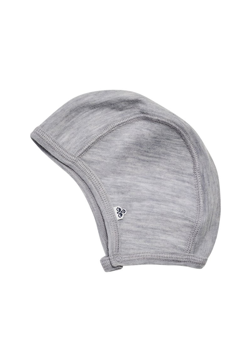 Szary bawełniany beanie o dopasowanym kroju, z gładką fakturą, zakrzywionymi szwami i małą metką z logo po boku.