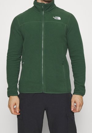 Mężczyzna w zielonej polarowej kurtce na zamek z logo The North Face na piersi i czarnych spodniach bojówkach.