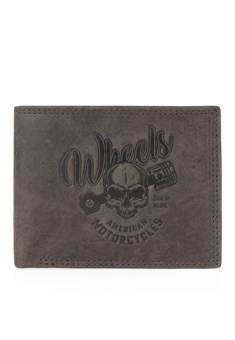 Cartera de cuero gris con diseño en relieve "Wheels American Motorcycles" que incluye un gráfico de calavera y llave inglesa, bordes cosidos y superficie texturizada.