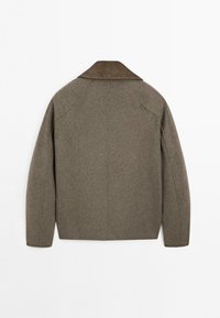Olive green wool blend jacket with a brown collar, slightly textured fabric, and a structured fit; features raglan sleeves and no visible fastenings.