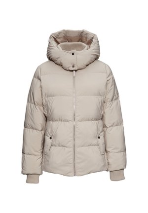 Beige puffer jacket with a high collar, front zipper, two side pockets, and ribbed cuffs. The fabric appears smooth with a quilted pattern.