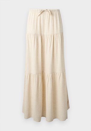Béžová maxi sukně s volány, elastickým pasem a stahovací šňůrkou, s jemně splývavým a nařaseným designem.