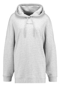 Szara, oversize bluza z kapturem wykonana z miękkiego materiału. Posiada sznurki w kapturze, ściągacze przy mankietach oraz małe logo na piersi.