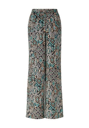 Pantalons larges à motifs avec une taille élastique. Couleurs dominantes : noir, beige, turquoise. Présente des formes géométriques et des motifs complexes.