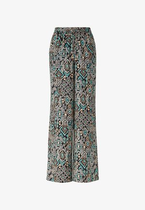 Pantaloni a gamba larga stampati con vita elastica. Colori predominanti: nero, beige, turchese. Presentano forme geometriche e disegni intricati.