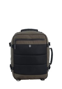 Zaino in tessuto marrone con un pannello frontale in rete nera texturizzata, maniglia superiore e scomparto con zip. Caratterizzato da un design compatto e imbottito.