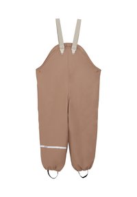Bruine waterdichte overall met verstelbare beige banden, elastische manchetten en een reflecterende witte streep aan de voorkant voor zichtbaarheid.