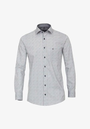 Biała koszula z długim rękawem, zapinana na guziki, z małym niebiesko-czerwonym wzorem geometrycznym oraz ciemnymi guzikami. Posiada kołnierz rozłożysty i dopasowane mankiety.