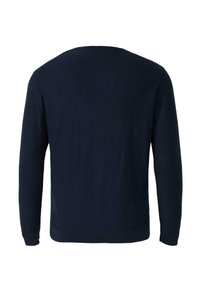 Granatowy sweter z długim rękawem pokazany od tyłu, o prostej, gładkiej fakturze, bez widocznych wzorów ani logo.